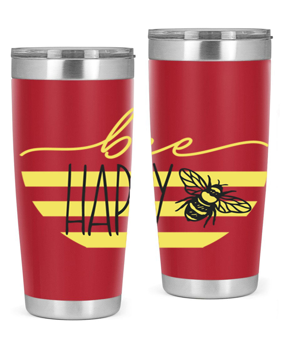 Bee Happy yellow stripes tumbler with a vibrant design, made from stainless steel, featuring a drink-thru lid and double wall insulation.