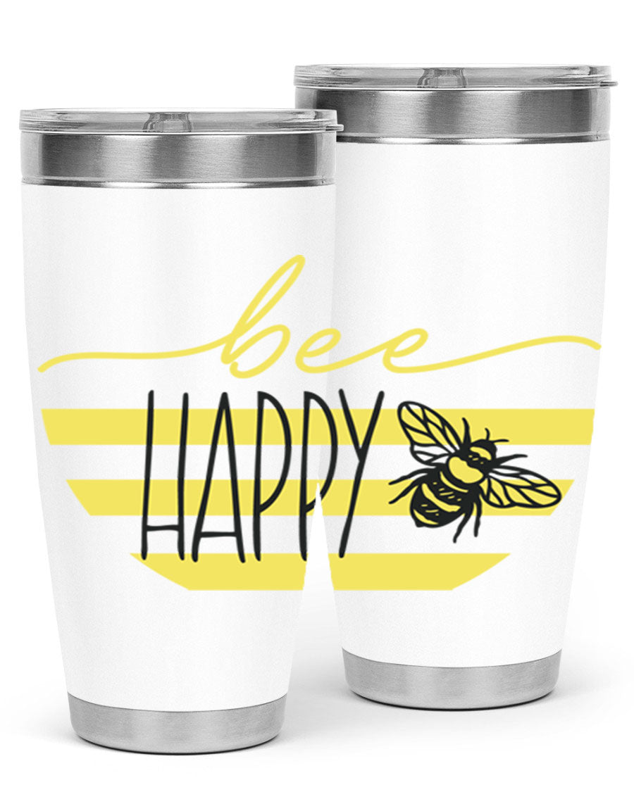 Bee Happy yellow stripes tumbler with a vibrant design, made from stainless steel, featuring a drink-thru lid and double wall insulation.