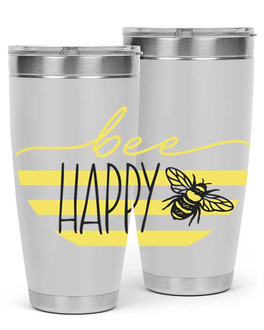 Bee Happy yellow stripes tumbler with a vibrant design, made from stainless steel, featuring a drink-thru lid and double wall insulation.