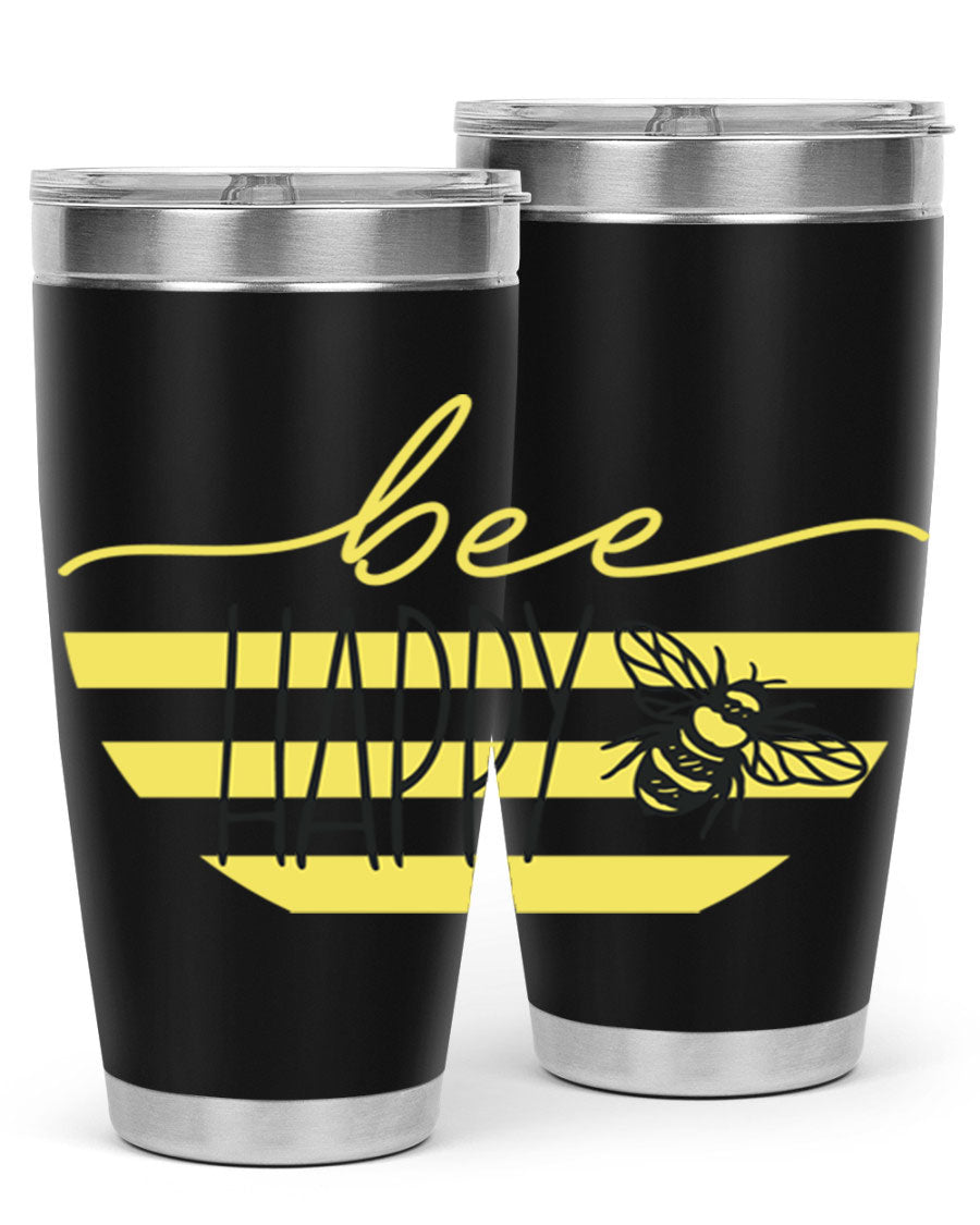 Bee Happy yellow stripes tumbler with a vibrant design, made from stainless steel, featuring a drink-thru lid and double wall insulation.