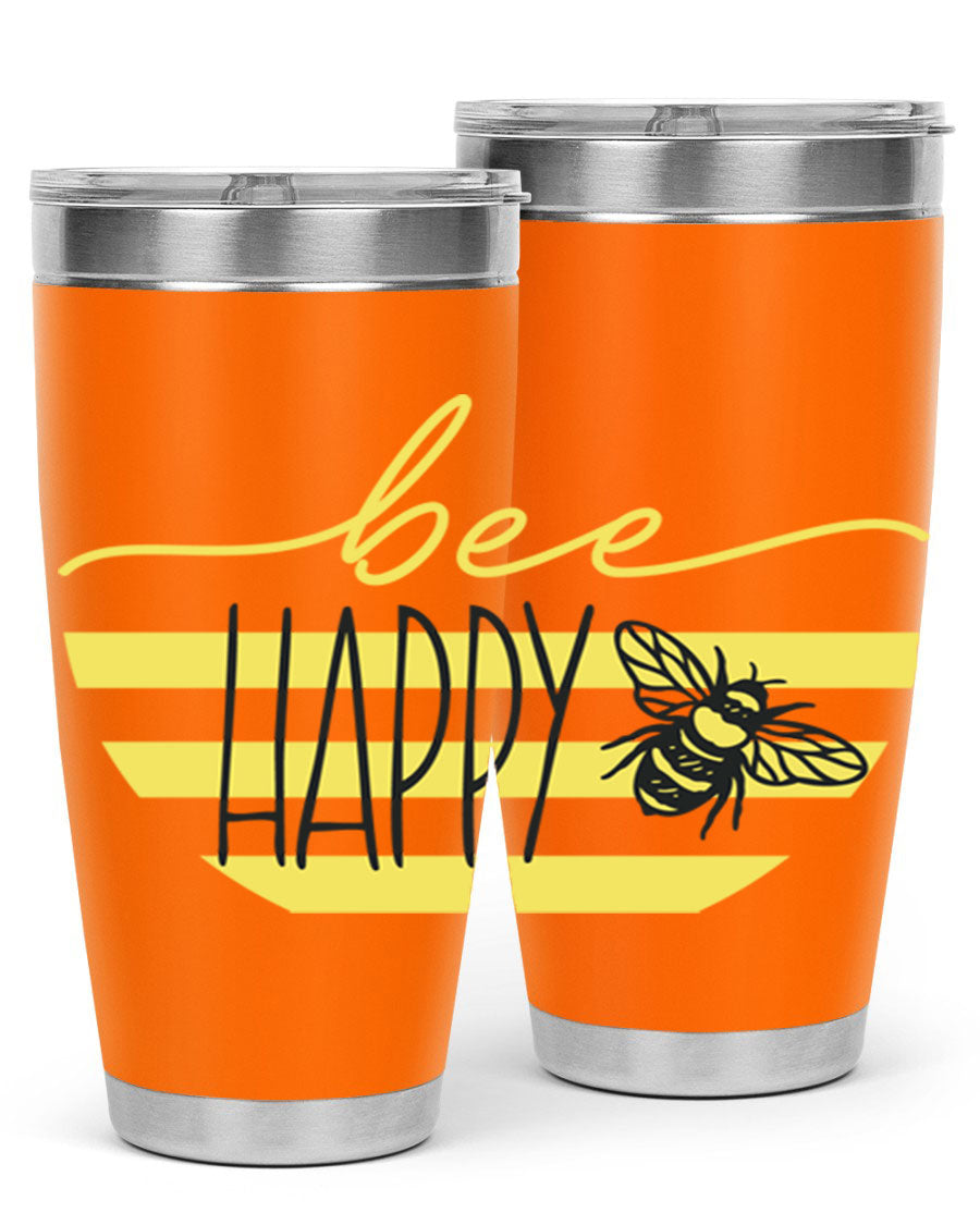 Bee Happy yellow stripes tumbler with a vibrant design, made from stainless steel, featuring a drink-thru lid and double wall insulation.