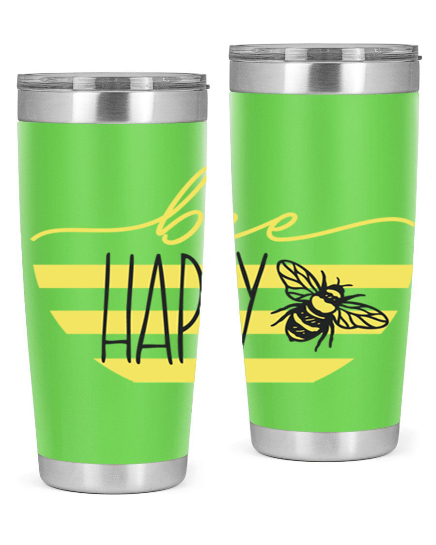 Bee Happy yellow stripes tumbler with a vibrant design, made from stainless steel, featuring a drink-thru lid and double wall insulation.