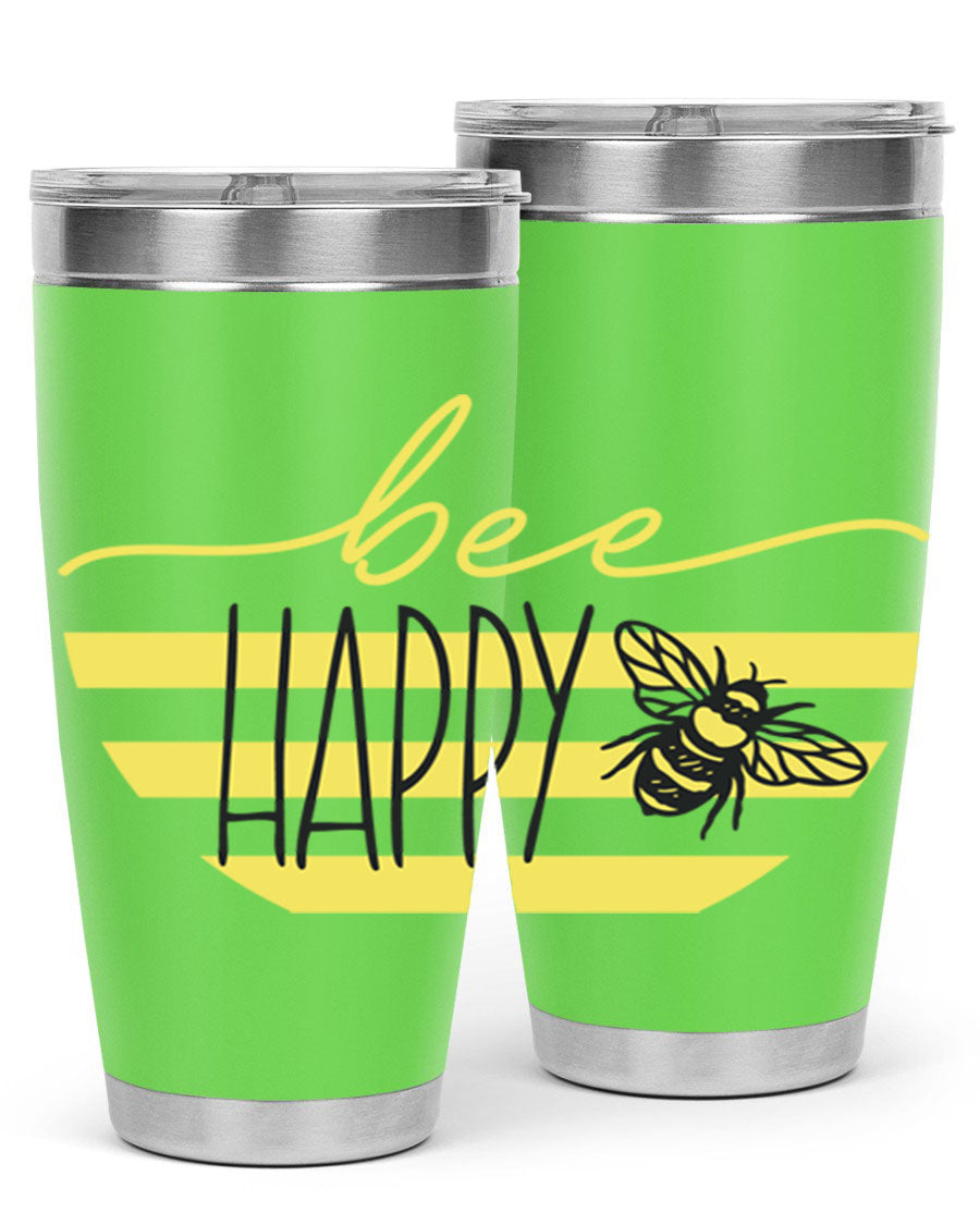 Bee Happy yellow stripes tumbler with a vibrant design, made from stainless steel, featuring a drink-thru lid and double wall insulation.