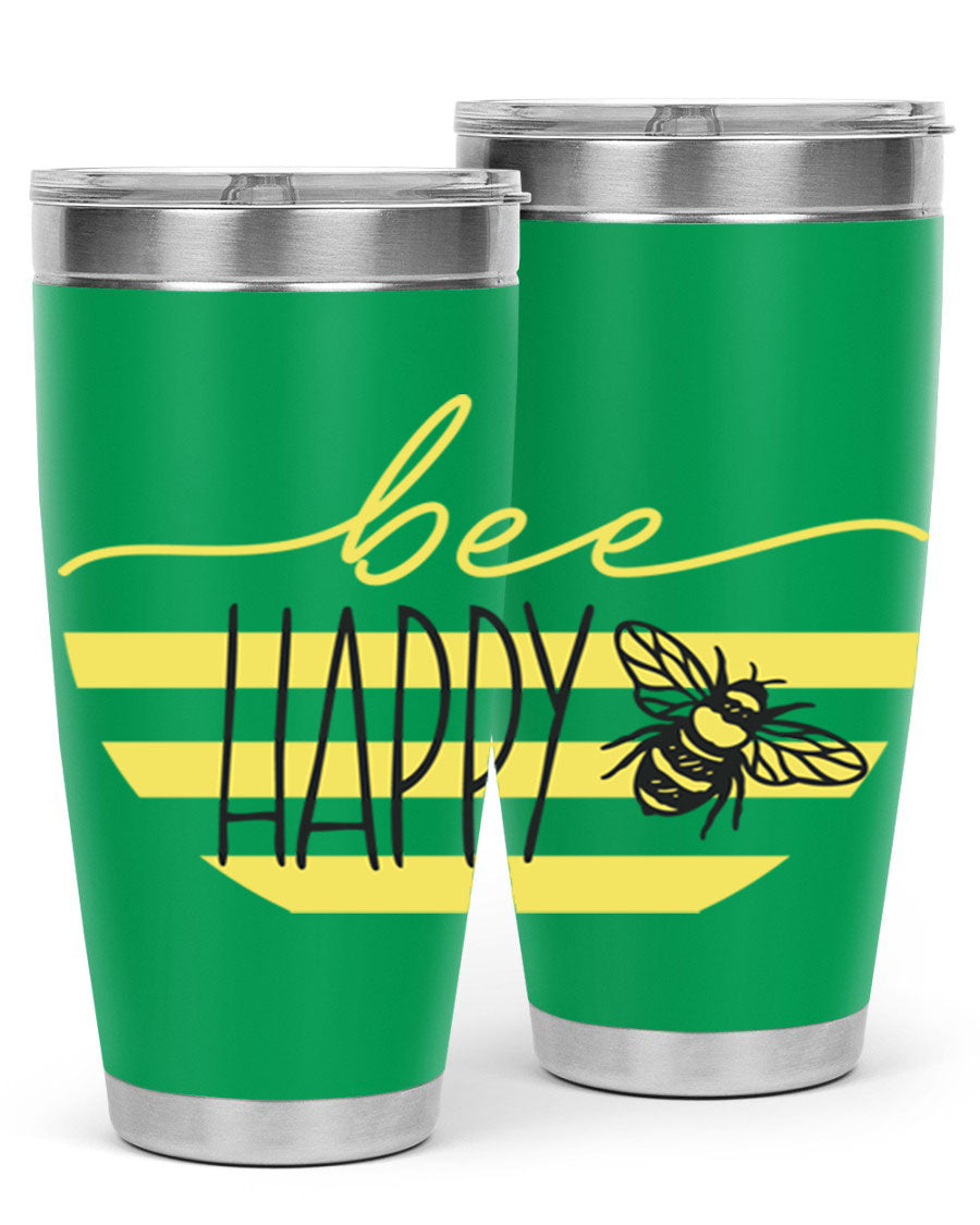 Bee Happy yellow stripes tumbler with a vibrant design, made from stainless steel, featuring a drink-thru lid and double wall insulation.