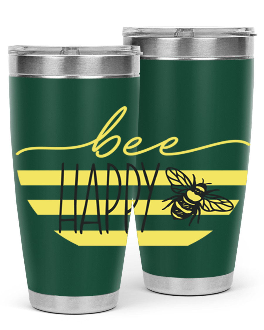 Bee Happy yellow stripes tumbler with a vibrant design, made from stainless steel, featuring a drink-thru lid and double wall insulation.