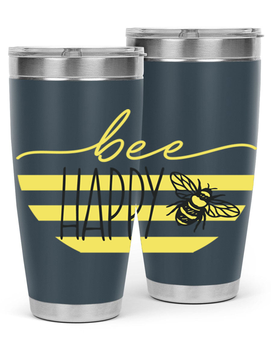 Bee Happy yellow stripes tumbler with a vibrant design, made from stainless steel, featuring a drink-thru lid and double wall insulation.