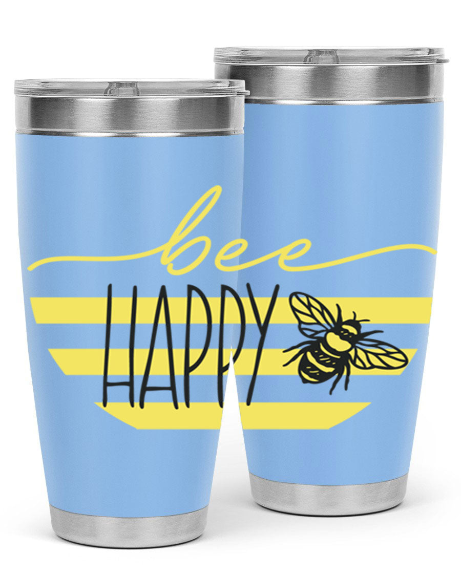 Bee Happy yellow stripes tumbler with a vibrant design, made from stainless steel, featuring a drink-thru lid and double wall insulation.