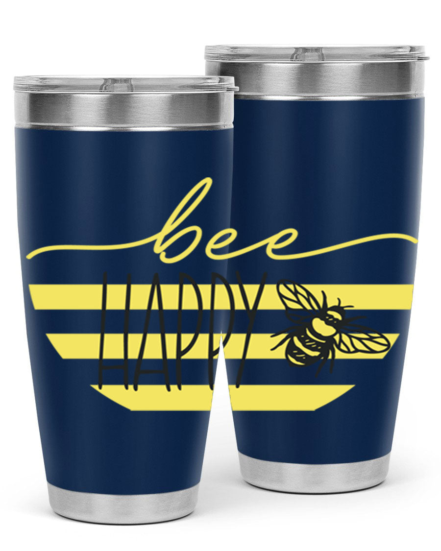 Bee Happy yellow stripes tumbler with a vibrant design, made from stainless steel, featuring a drink-thru lid and double wall insulation.