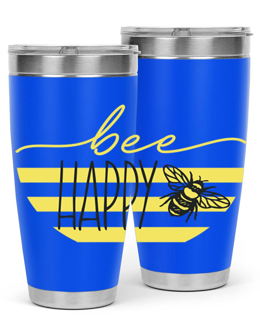 Bee Happy yellow stripes tumbler with a vibrant design, made from stainless steel, featuring a drink-thru lid and double wall insulation.
