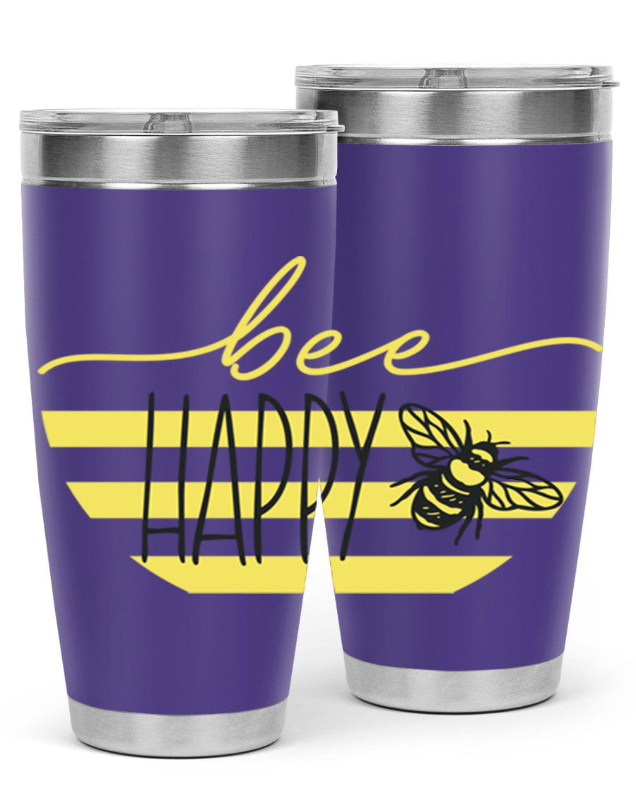 Bee Happy yellow stripes tumbler with a vibrant design, made from stainless steel, featuring a drink-thru lid and double wall insulation.
