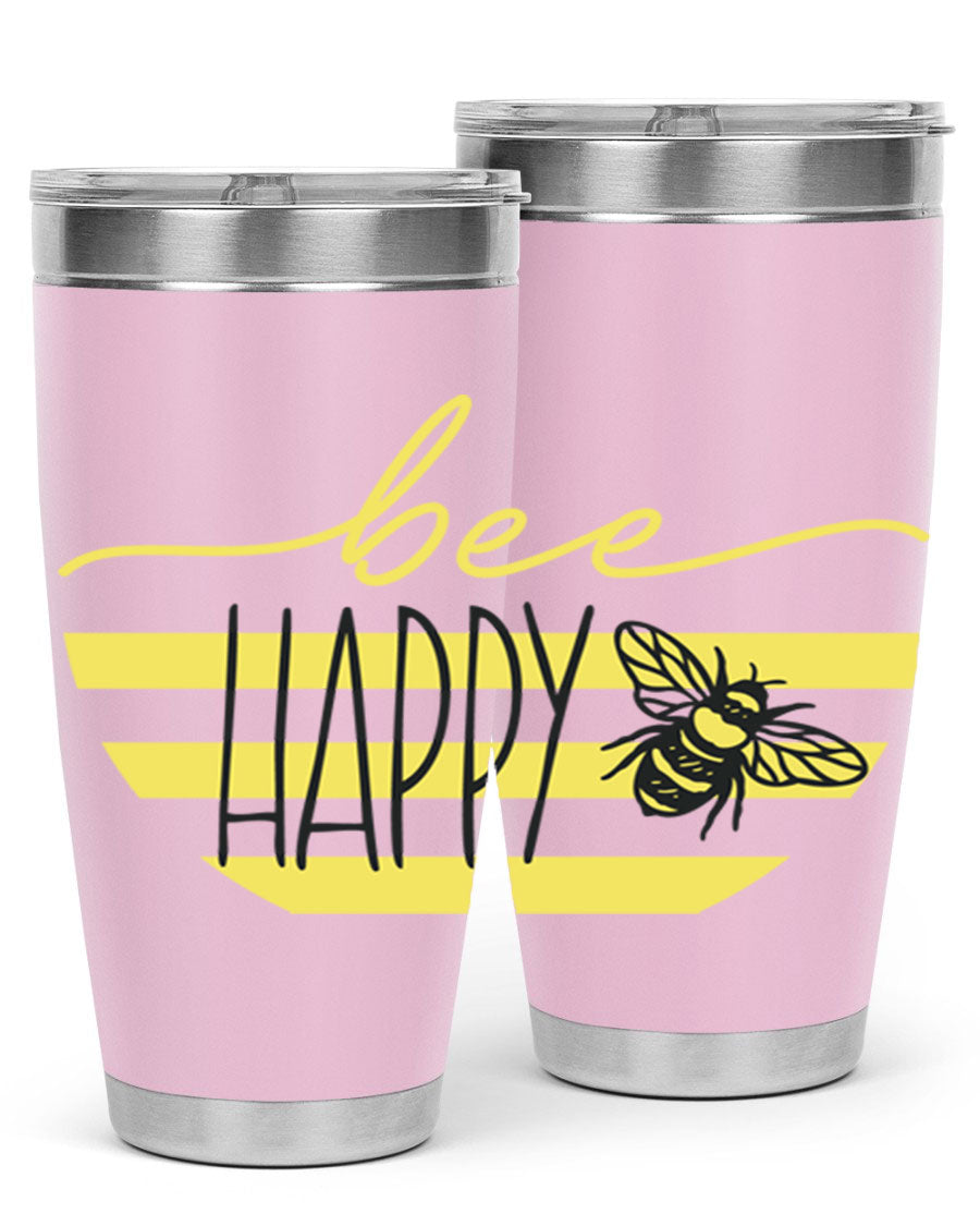 Bee Happy yellow stripes tumbler with a vibrant design, made from stainless steel, featuring a drink-thru lid and double wall insulation.