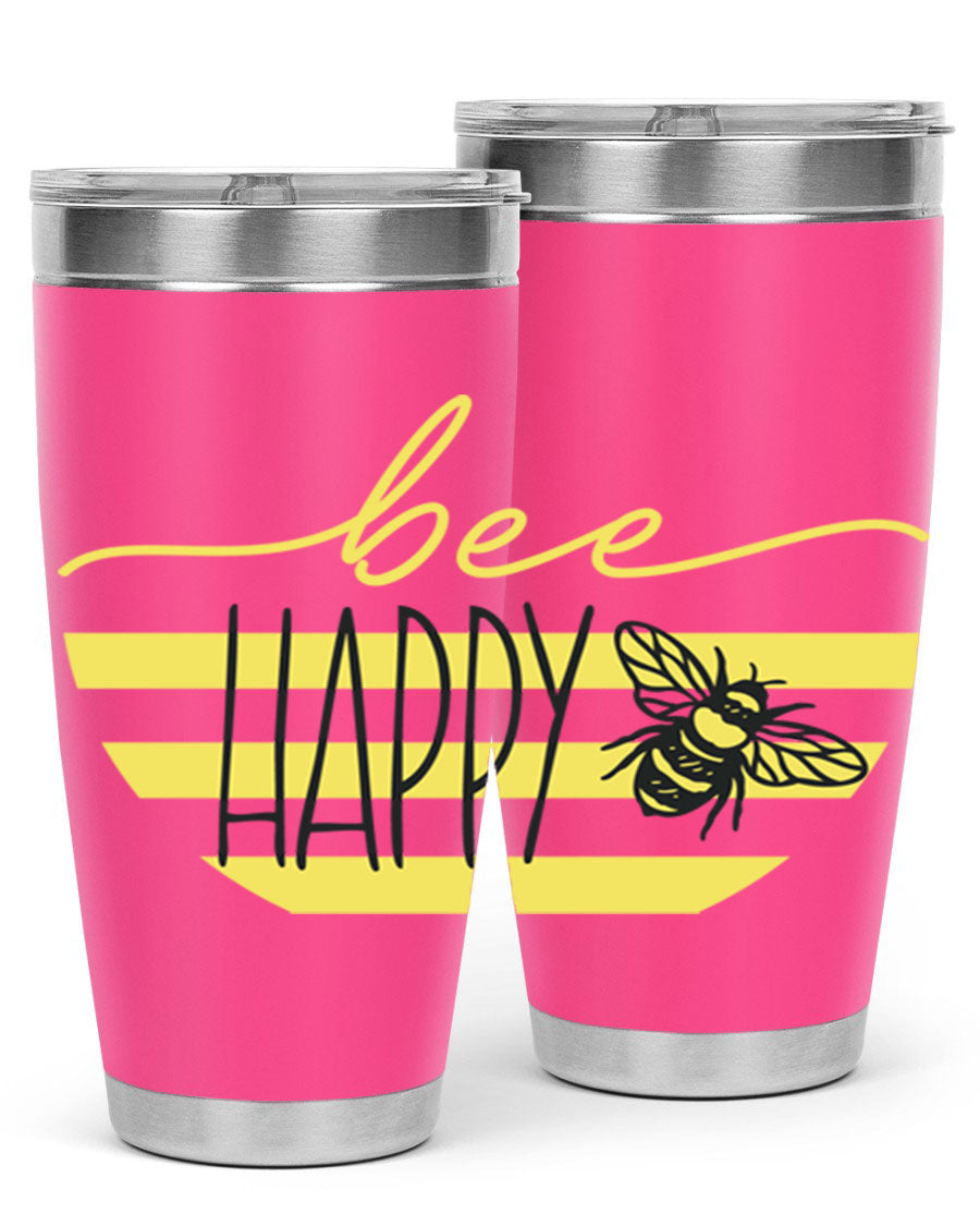 Bee Happy yellow stripes tumbler with a vibrant design, made from stainless steel, featuring a drink-thru lid and double wall insulation.