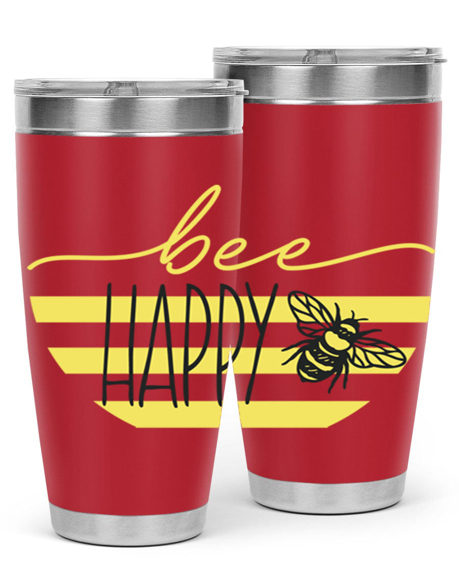 Bee Happy yellow stripes tumbler with a vibrant design, made from stainless steel, featuring a drink-thru lid and double wall insulation.