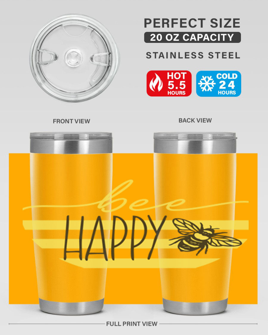 Bee Happy yellow stripes tumbler with a vibrant design, made from stainless steel, featuring a drink-thru lid and double wall insulation.