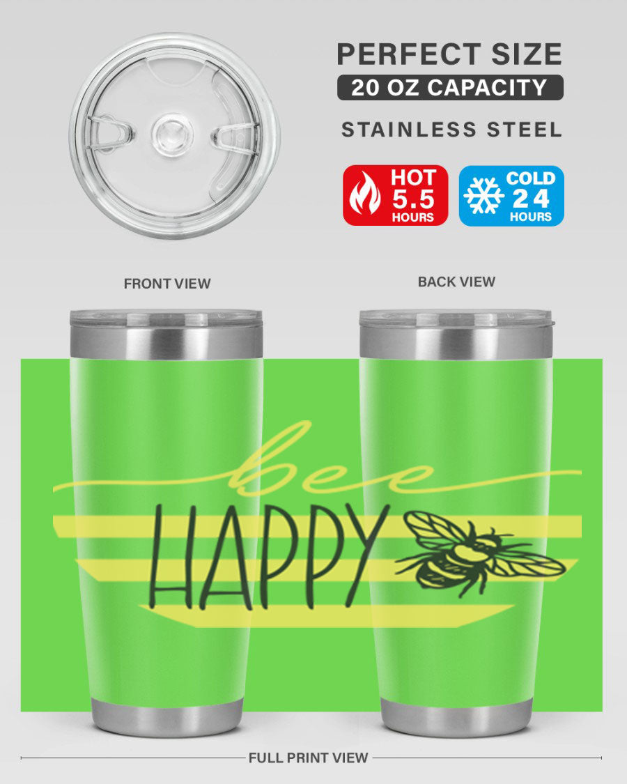 Bee Happy yellow stripes tumbler with a vibrant design, made from stainless steel, featuring a drink-thru lid and double wall insulation.