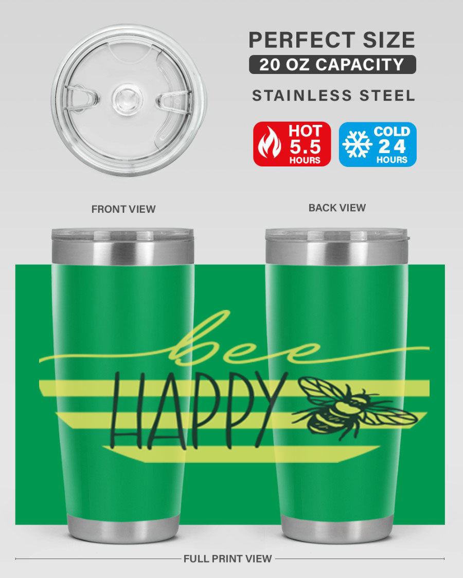 Bee Happy yellow stripes tumbler with a vibrant design, made from stainless steel, featuring a drink-thru lid and double wall insulation.