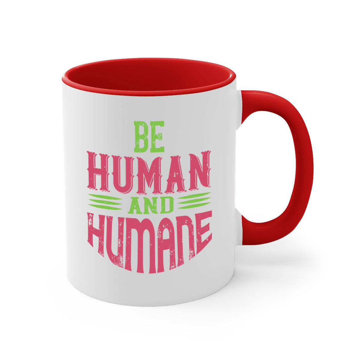 A stylish be human and humane 83# vegan mug with a glossy finish, featuring a colored handle and interior, available in multiple colors.