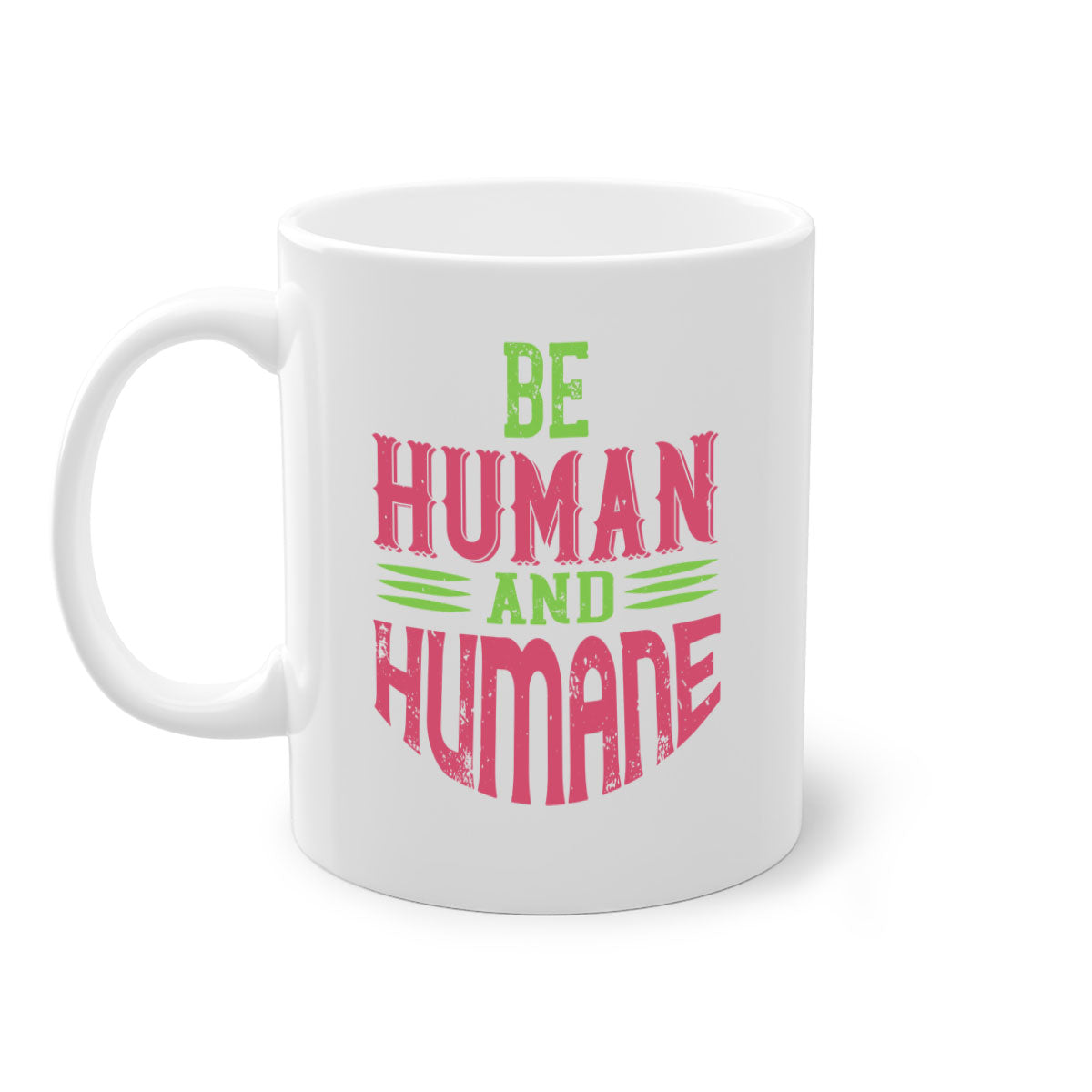 A stylish be human and humane 83# vegan mug with a glossy finish, featuring a colored handle and interior, available in multiple colors.