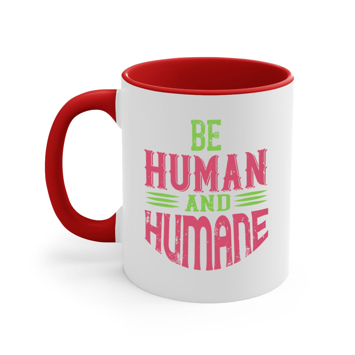 A stylish be human and humane 83# vegan mug with a glossy finish, featuring a colored handle and interior, available in multiple colors.