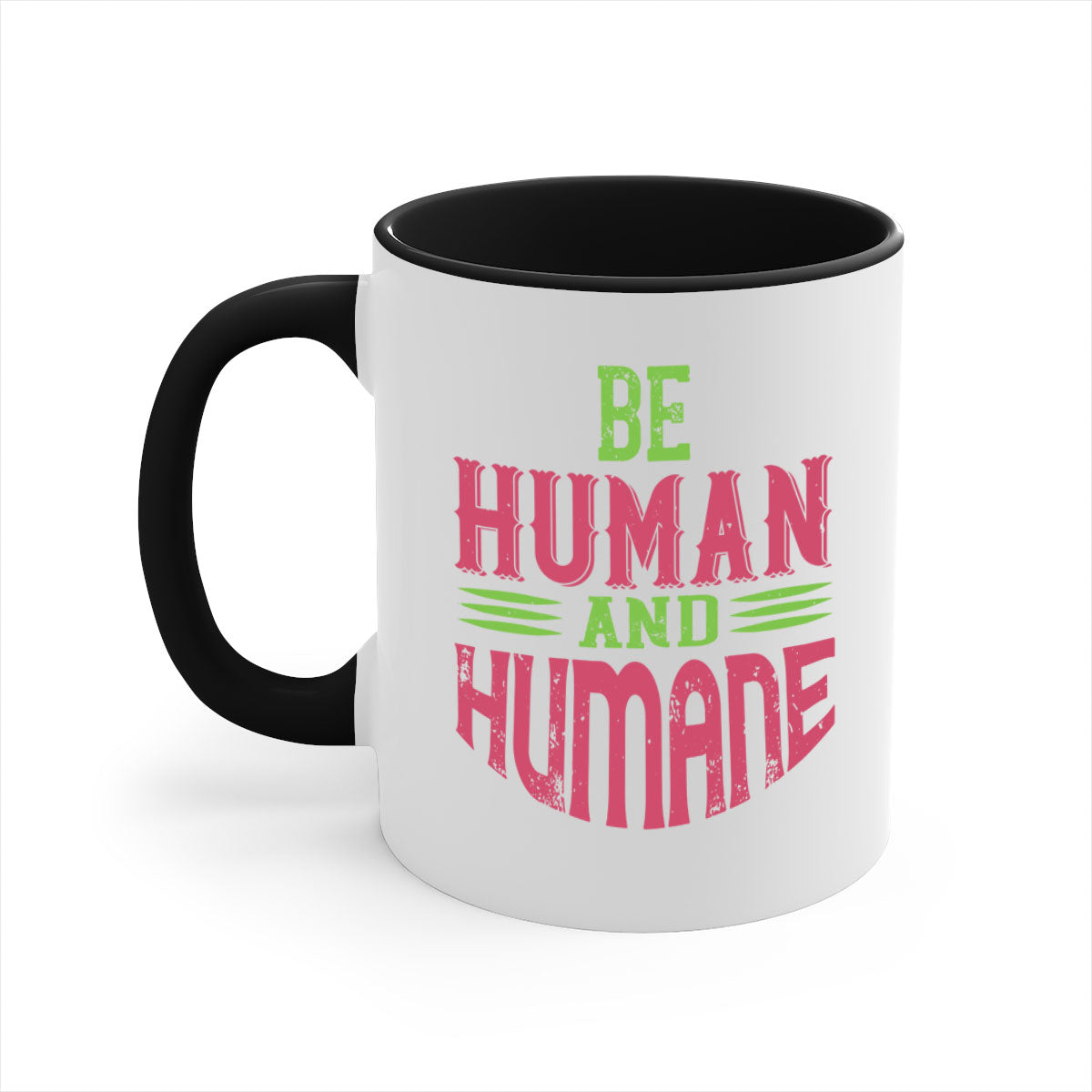 A stylish be human and humane 83# vegan mug with a glossy finish, featuring a colored handle and interior, available in multiple colors.