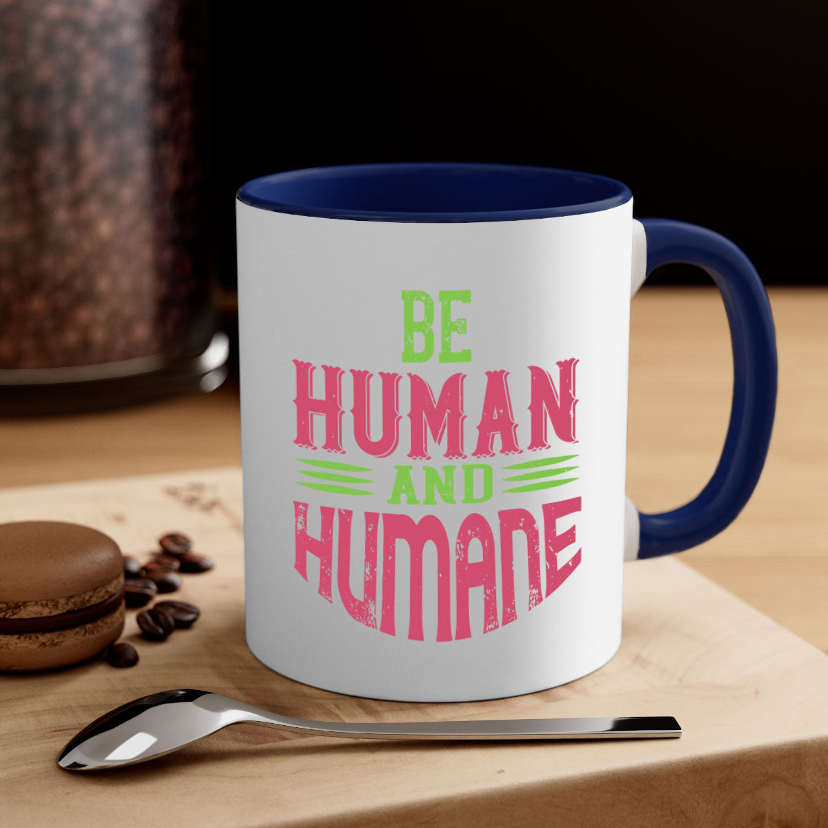 A stylish be human and humane 83# vegan mug with a glossy finish, featuring a colored handle and interior, available in multiple colors.