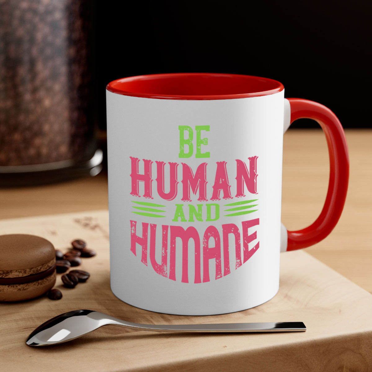 A stylish be human and humane 83# vegan mug with a glossy finish, featuring a colored handle and interior, available in multiple colors.