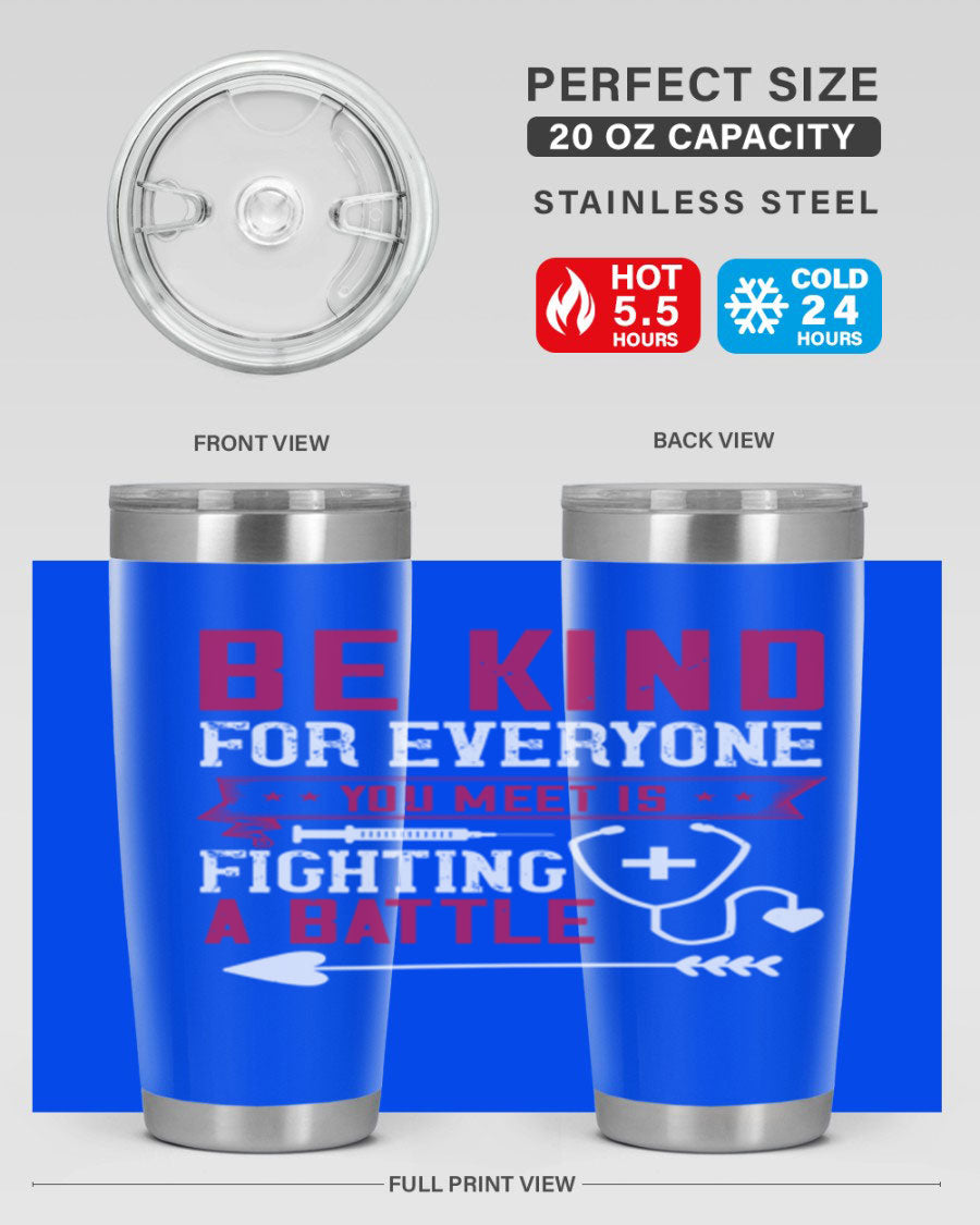 BE KIND tumbler featuring a motivational quote, available in 20oz and 30oz sizes, made of stainless steel with a drink-thru lid.