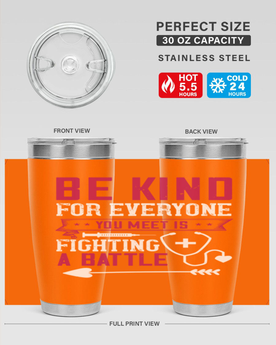 BE KIND tumbler featuring a motivational quote, available in 20oz and 30oz sizes, made of stainless steel with a drink-thru lid.