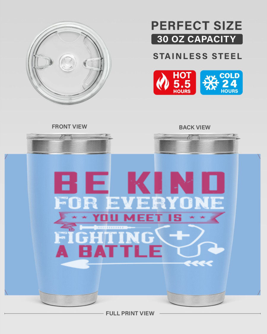 BE KIND tumbler featuring a motivational quote, available in 20oz and 30oz sizes, made of stainless steel with a drink-thru lid.