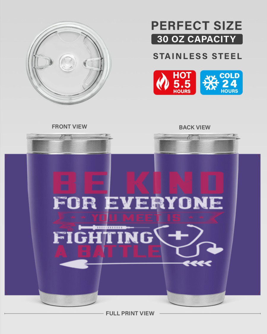 BE KIND tumbler featuring a motivational quote, available in 20oz and 30oz sizes, made of stainless steel with a drink-thru lid.