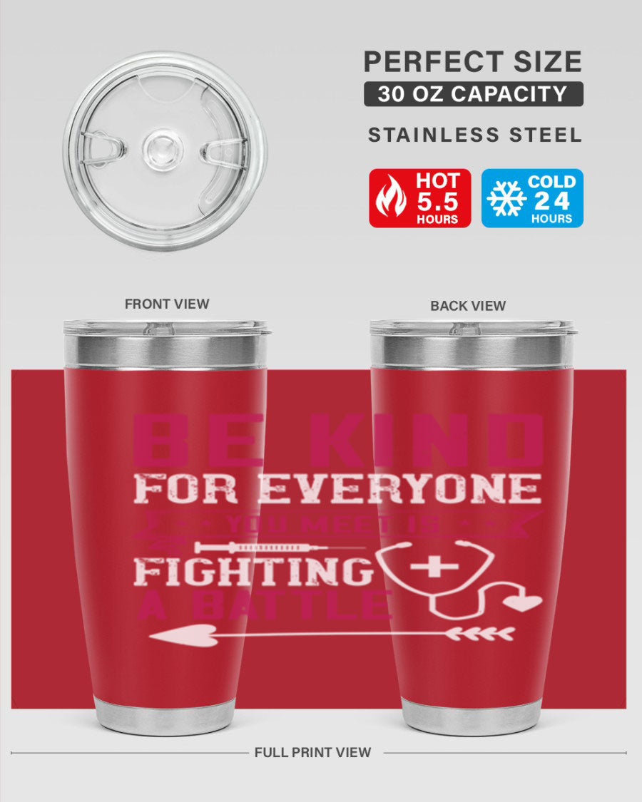 BE KIND tumbler featuring a motivational quote, available in 20oz and 30oz sizes, made of stainless steel with a drink-thru lid.