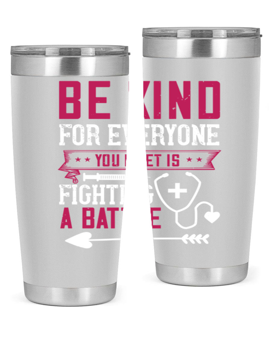 BE KIND tumbler featuring a motivational quote, available in 20oz and 30oz sizes, made of stainless steel with a drink-thru lid.