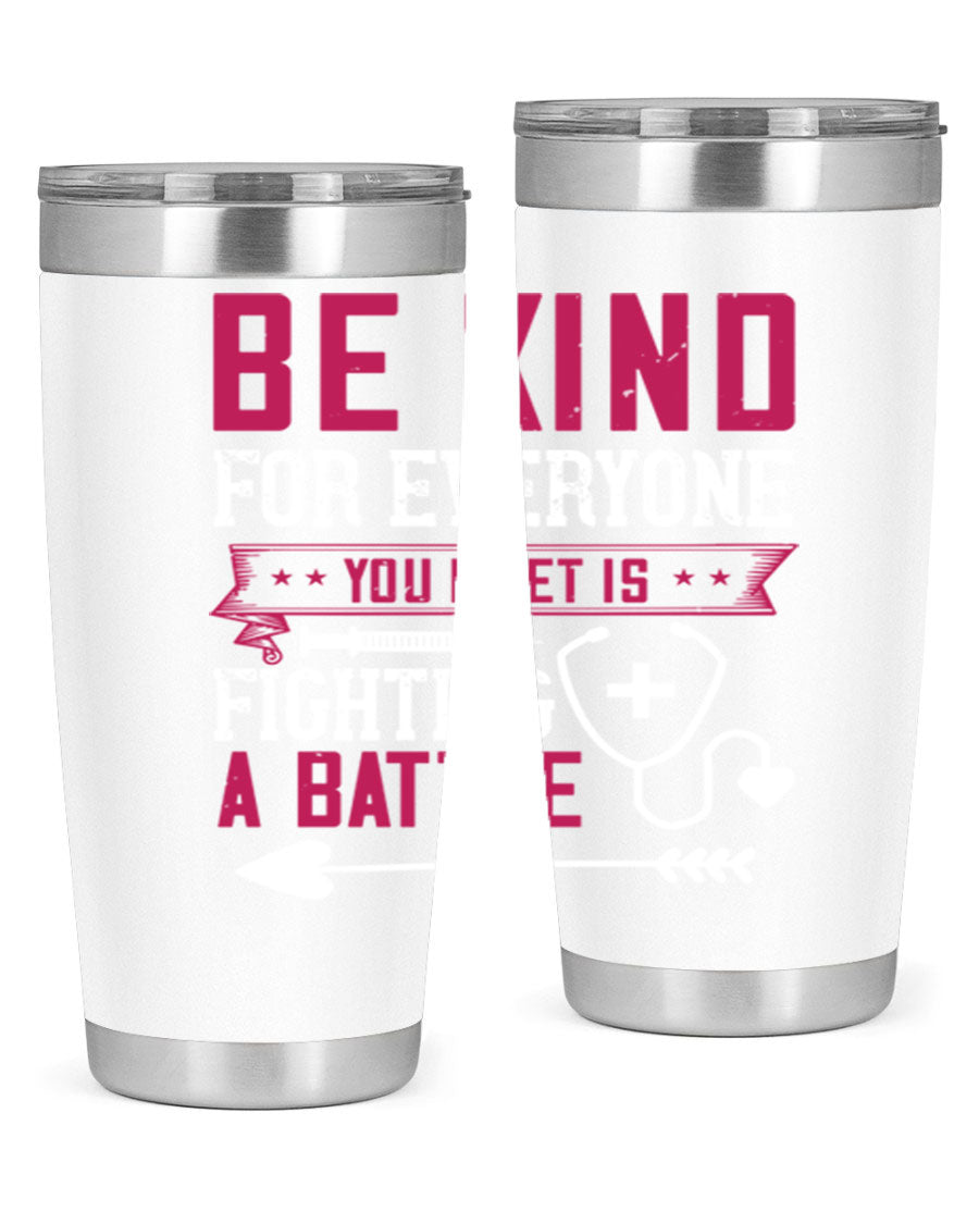 BE KIND tumbler featuring a motivational quote, available in 20oz and 30oz sizes, made of stainless steel with a drink-thru lid.