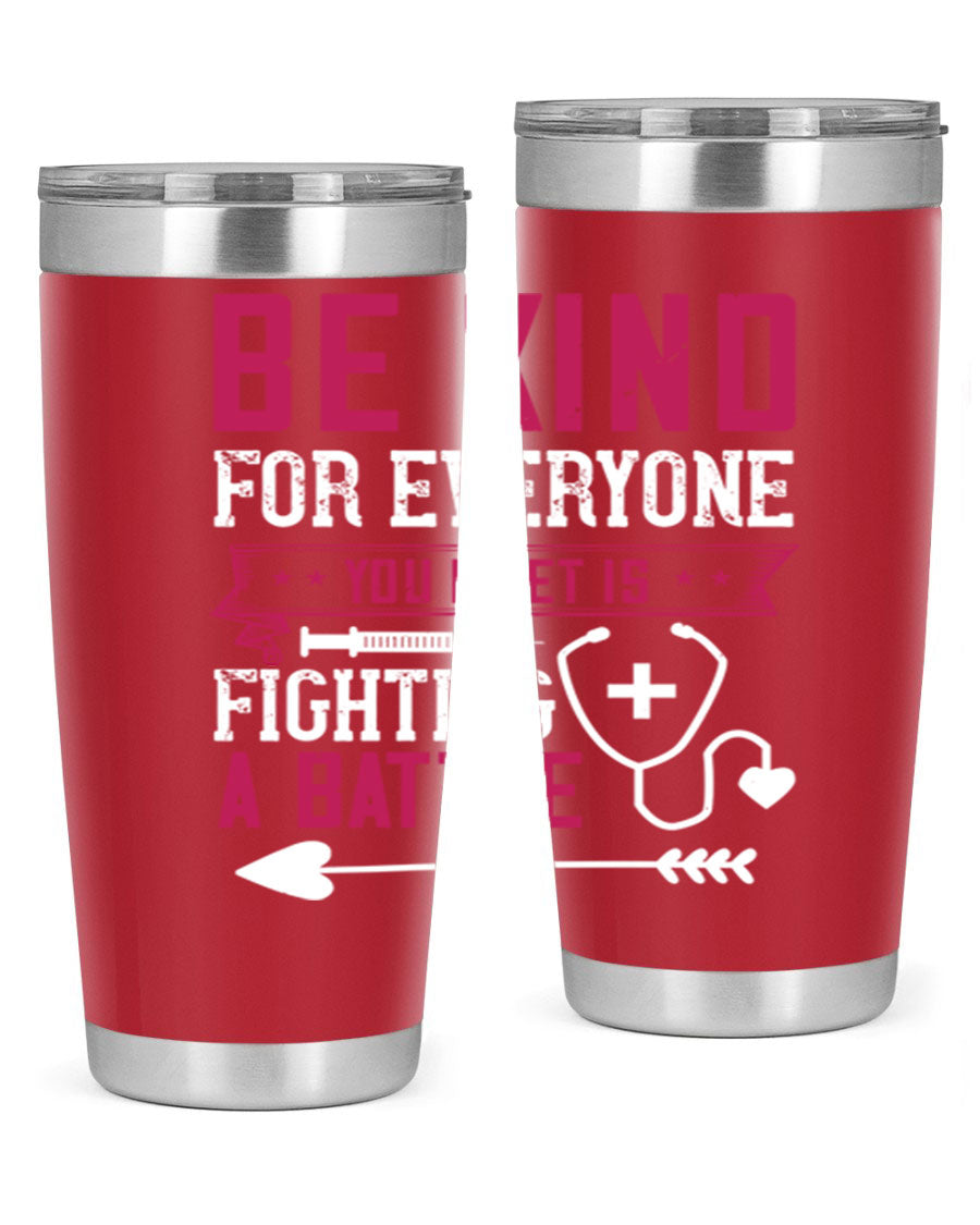 BE KIND tumbler featuring a motivational quote, available in 20oz and 30oz sizes, made of stainless steel with a drink-thru lid.