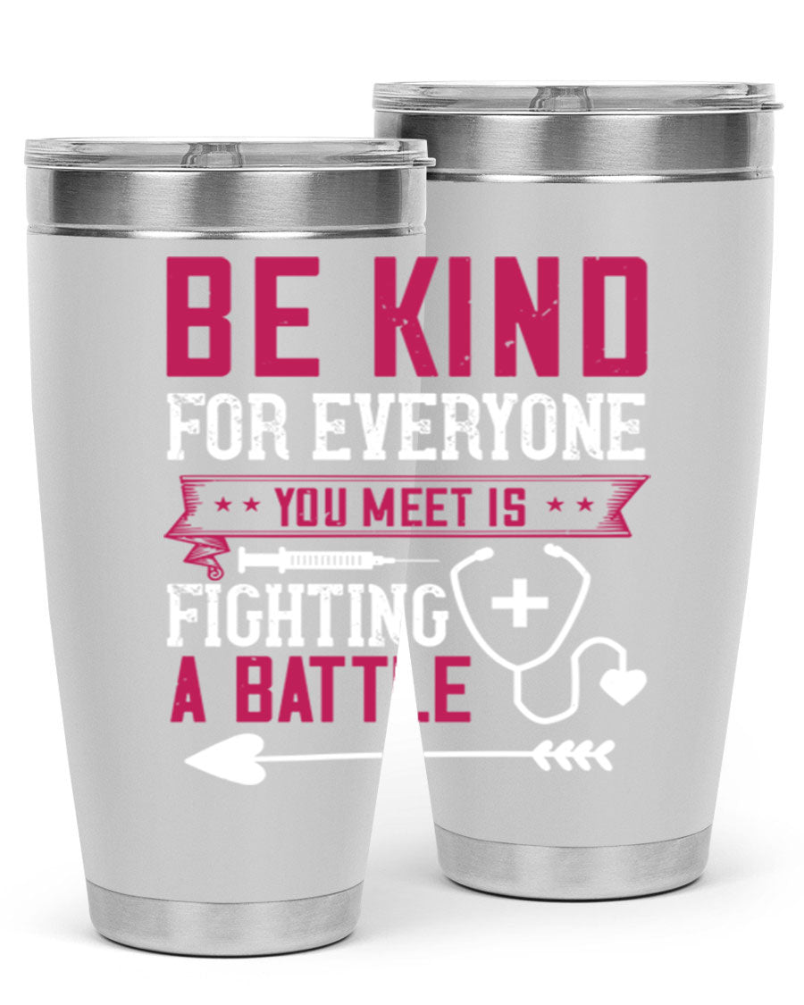 BE KIND tumbler featuring a motivational quote, available in 20oz and 30oz sizes, made of stainless steel with a drink-thru lid.
