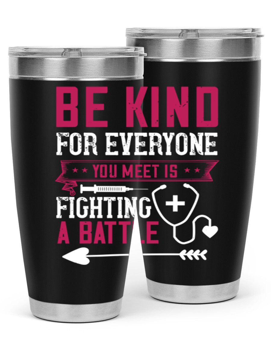 BE KIND tumbler featuring a motivational quote, available in 20oz and 30oz sizes, made of stainless steel with a drink-thru lid.