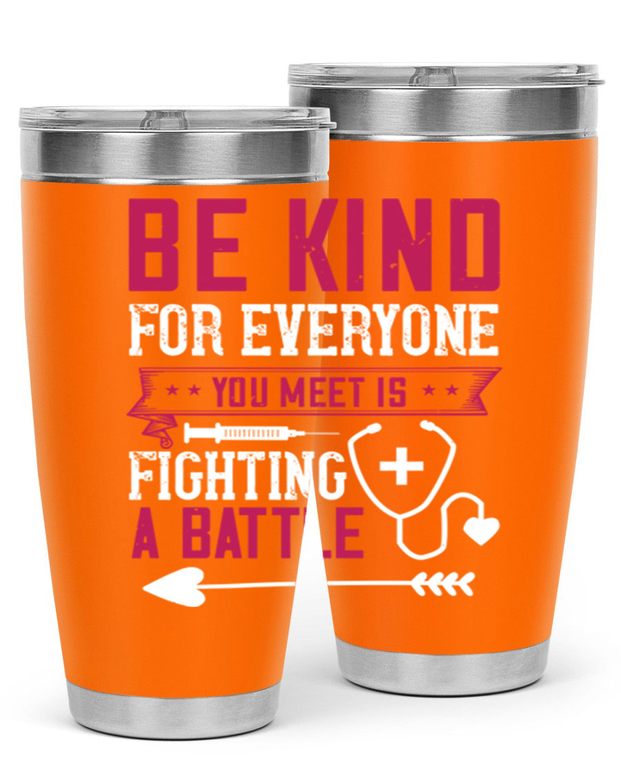 BE KIND tumbler featuring a motivational quote, available in 20oz and 30oz sizes, made of stainless steel with a drink-thru lid.