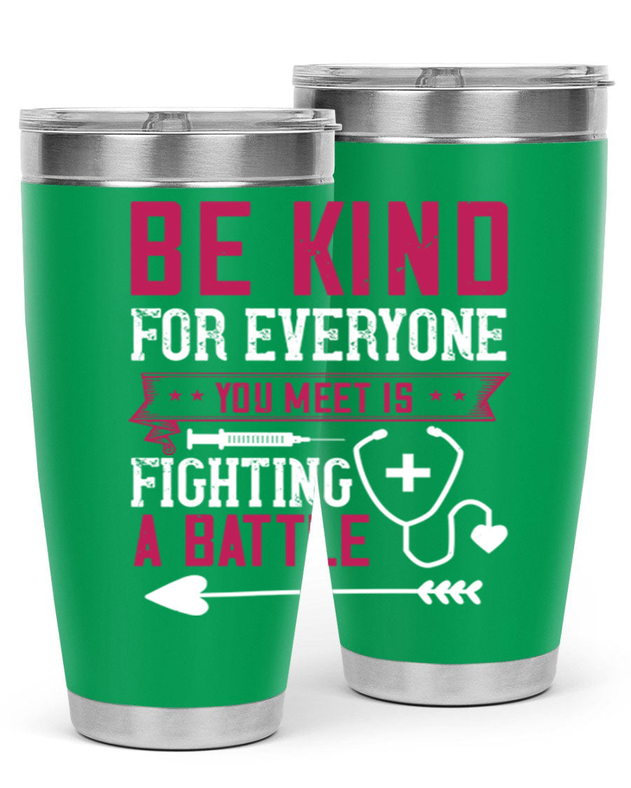 BE KIND tumbler featuring a motivational quote, available in 20oz and 30oz sizes, made of stainless steel with a drink-thru lid.
