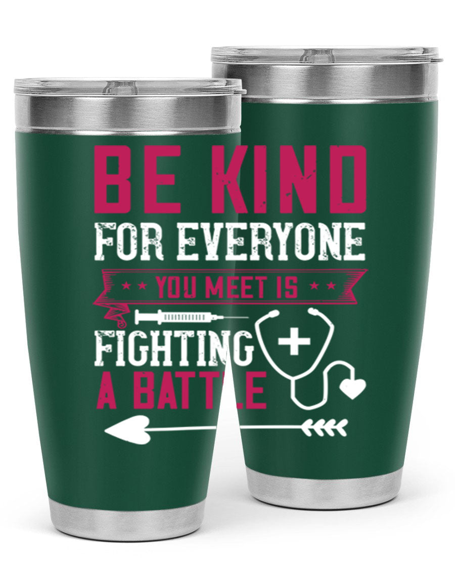 BE KIND tumbler featuring a motivational quote, available in 20oz and 30oz sizes, made of stainless steel with a drink-thru lid.