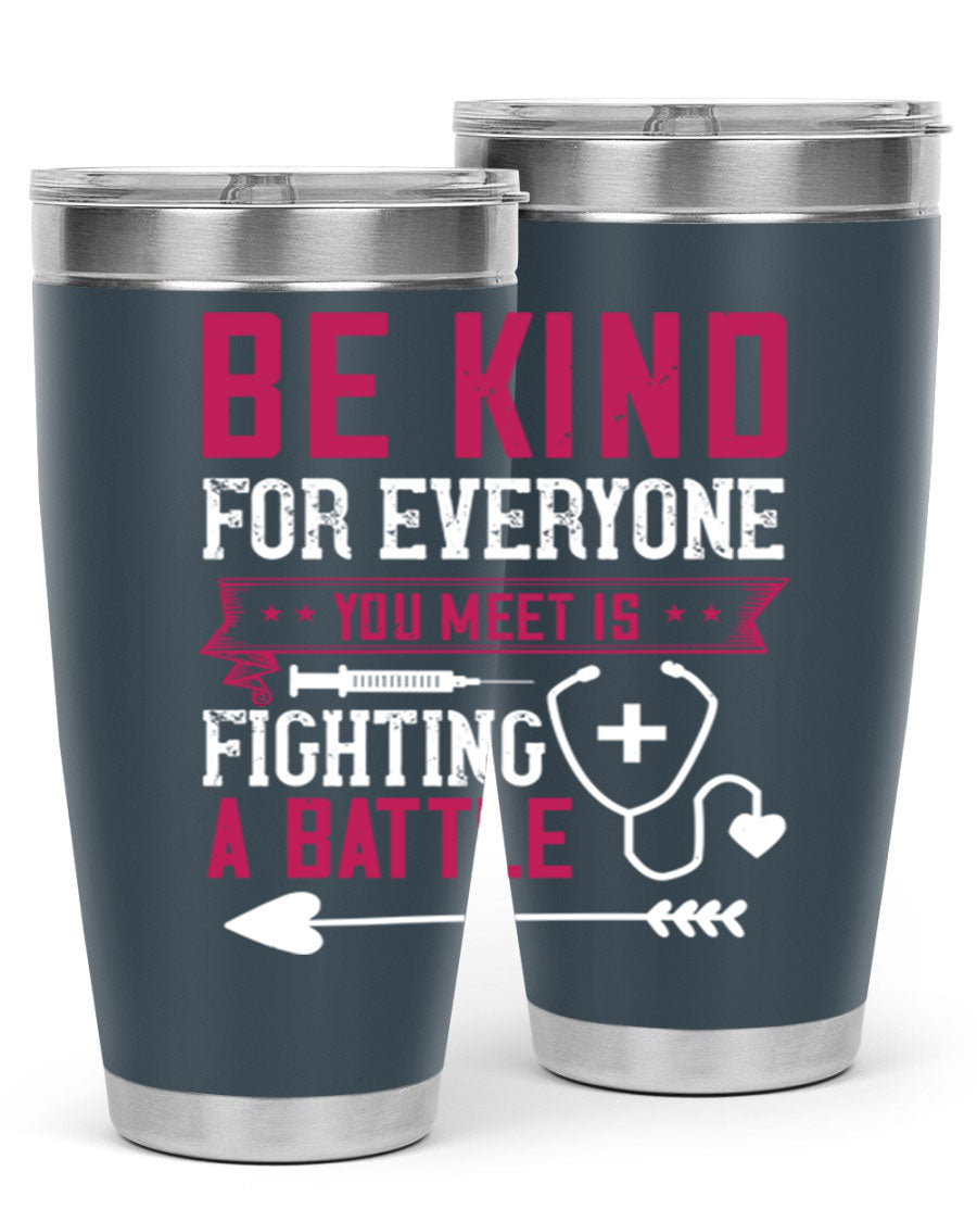 BE KIND tumbler featuring a motivational quote, available in 20oz and 30oz sizes, made of stainless steel with a drink-thru lid.