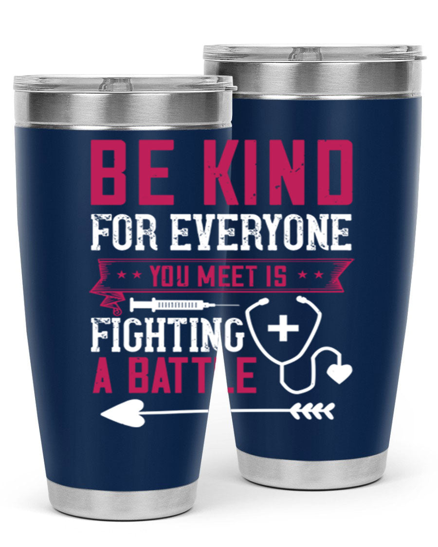 BE KIND tumbler featuring a motivational quote, available in 20oz and 30oz sizes, made of stainless steel with a drink-thru lid.