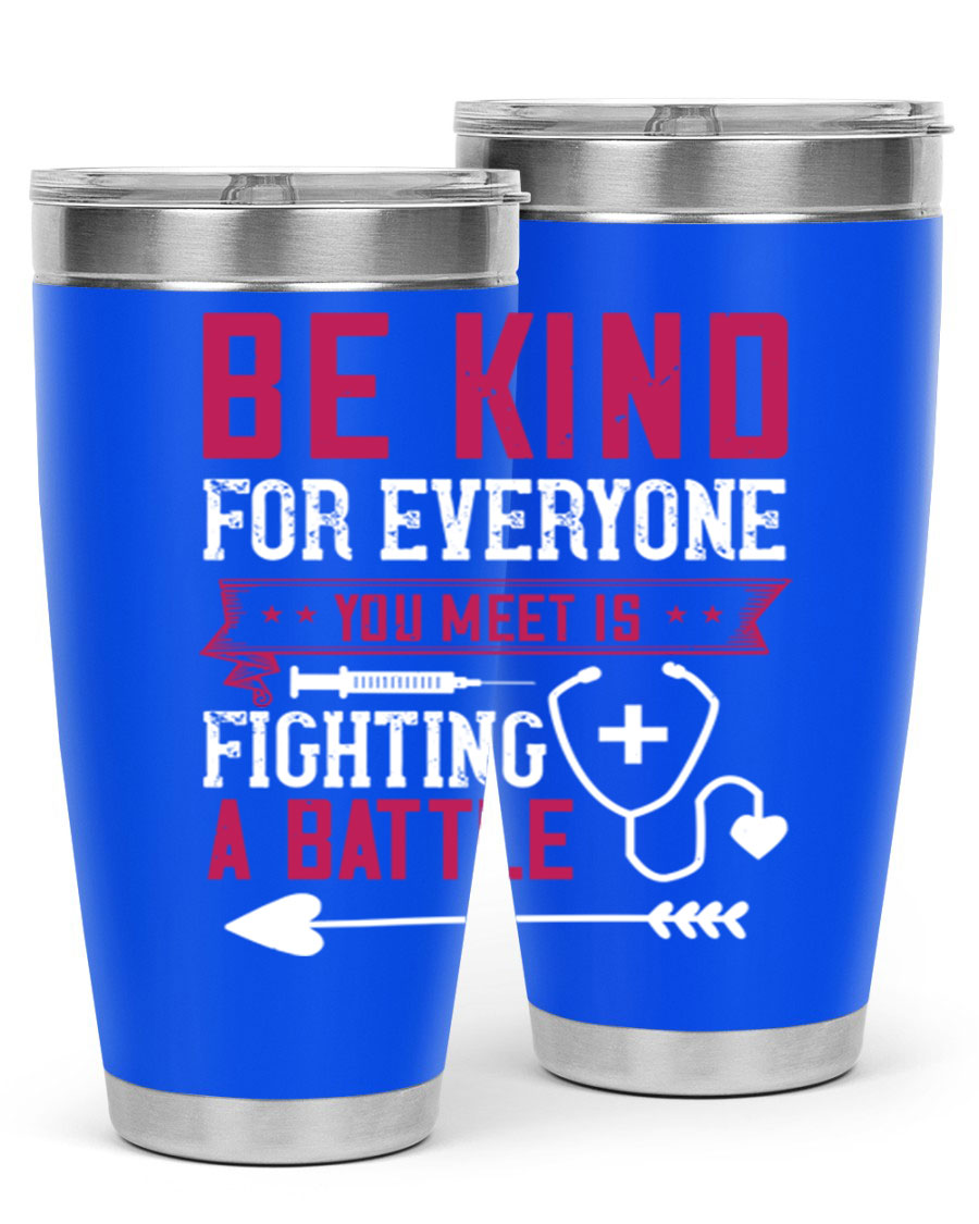 BE KIND tumbler featuring a motivational quote, available in 20oz and 30oz sizes, made of stainless steel with a drink-thru lid.