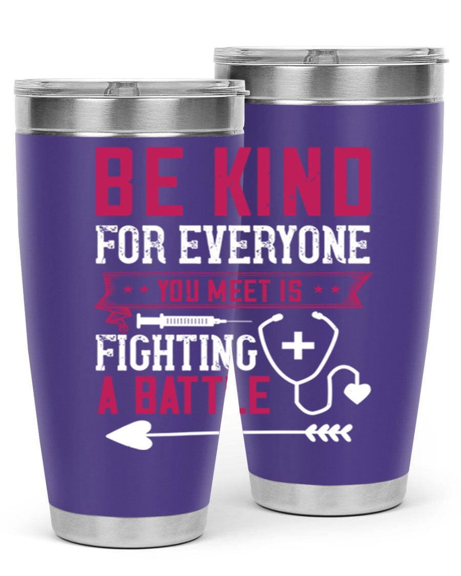 BE KIND tumbler featuring a motivational quote, available in 20oz and 30oz sizes, made of stainless steel with a drink-thru lid.