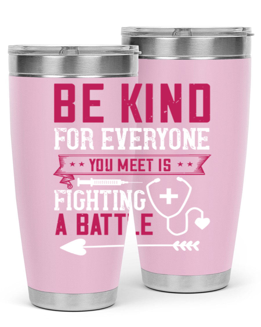 BE KIND tumbler featuring a motivational quote, available in 20oz and 30oz sizes, made of stainless steel with a drink-thru lid.