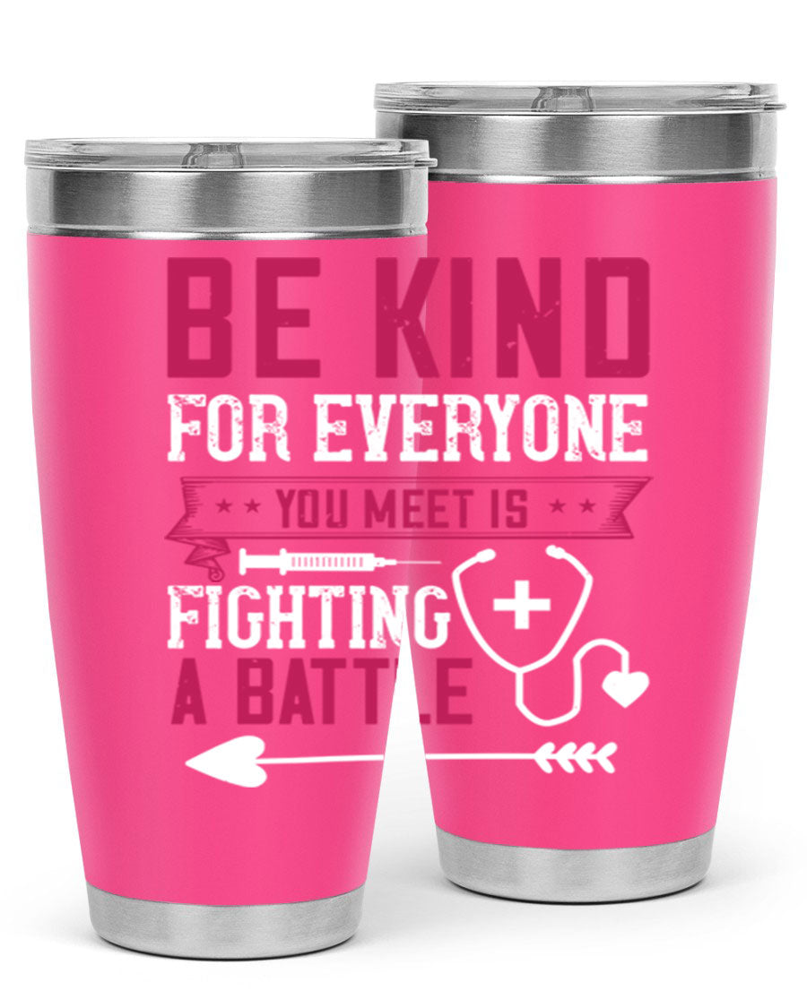 BE KIND tumbler featuring a motivational quote, available in 20oz and 30oz sizes, made of stainless steel with a drink-thru lid.