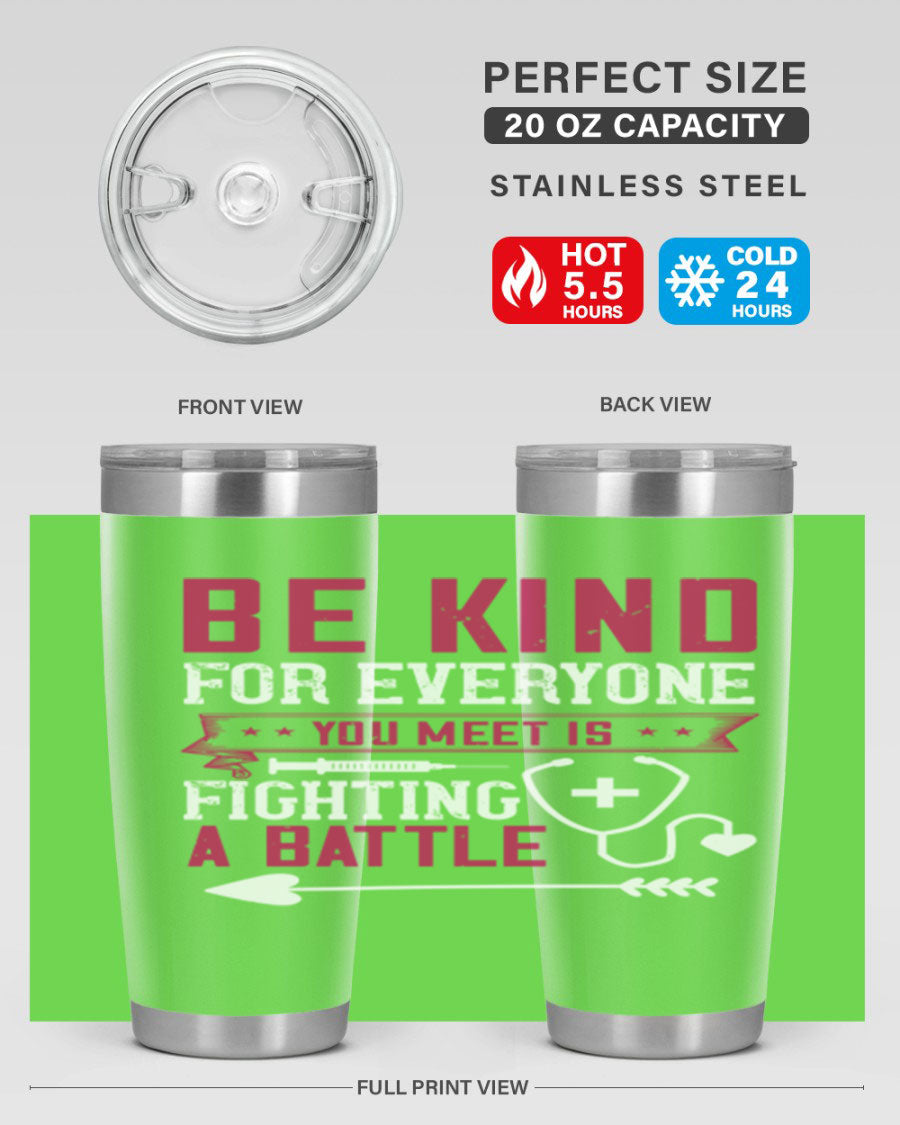 BE KIND tumbler featuring a motivational quote, available in 20oz and 30oz sizes, made of stainless steel with a drink-thru lid.