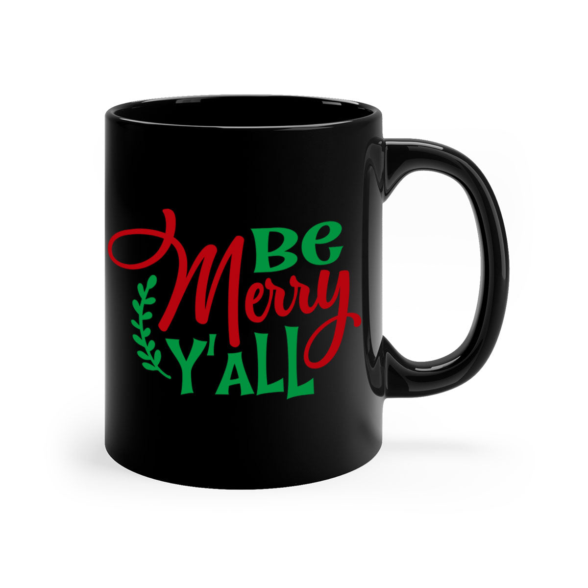 Be Merry Y'all Christmas Mug with colorful handle and glossy finish, available in multiple colors and sizes.