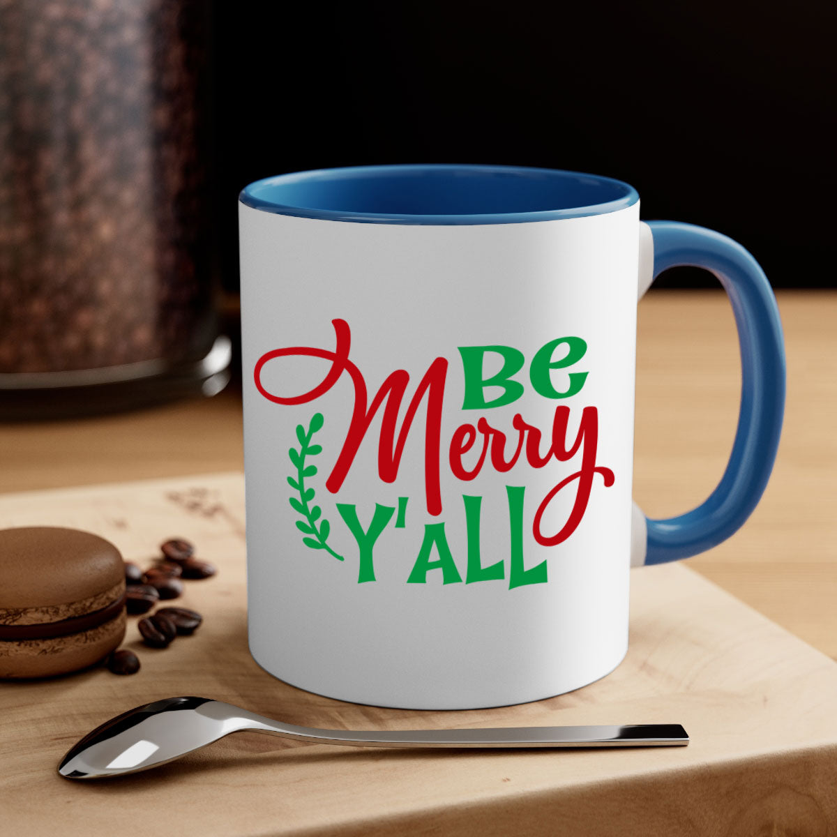 Be Merry Y'all Christmas Mug with colorful handle and glossy finish, available in multiple colors and sizes.
