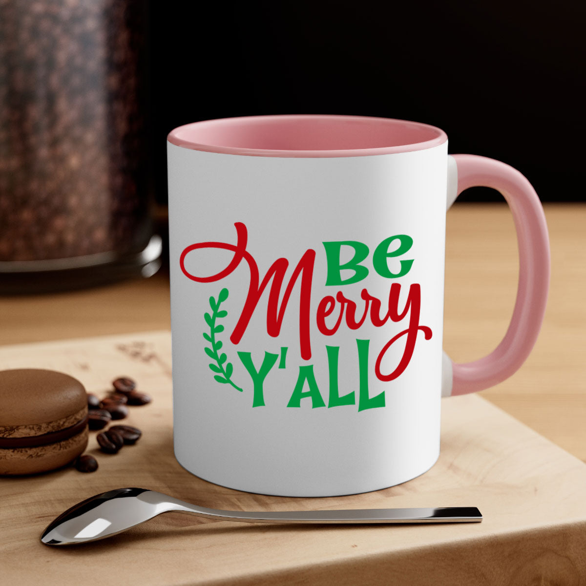 Be Merry Y'all Christmas Mug with colorful handle and glossy finish, available in multiple colors and sizes.