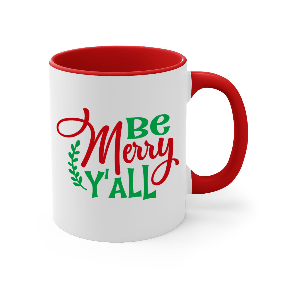 Be Merry Y'all Christmas Mug with colorful handle and glossy finish, available in multiple colors and sizes.